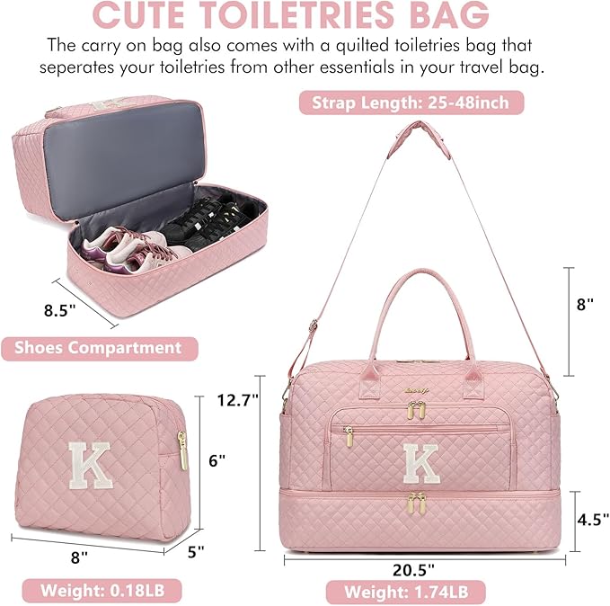 Initial Travel Duffle Bag for Women - Pink Personalized Weekender bags Overnight Bag with Shoe Compartment & Wet Pocket Weekend Tote Bags with Toiletry Bag Monogram Christmas Gifts (Letter K)