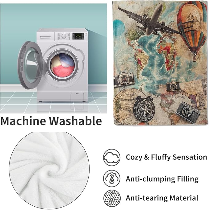 Travel-Themed Blanket, Vintage Airplane Hot Air Balloon Cameras Flannel Throw Blankets,Soft Warm Lightweight Cozy Plush Throws for Bedroom Sofa Office Home Decor Gifts for Women Girls 60"x50"