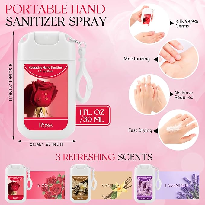 Set of 3 Power Mist Hydrating Hand Sanitizer Spray Bulk with Keychain Travel Size Portable Hand Sanitizer 1 Fl. oz Compact Spray Bottle Lavender Rose Vanilla Scent for Women Graduation Gifts
