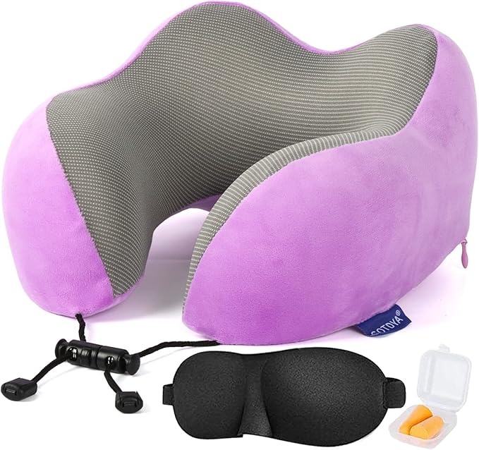 Travel Pillow,Travel Neck Pillows for Sleeping,100% Pure Memory Foam Soft Comfort & Support Pillow for Airplane/Car/Office&Home Rest Use-Violet
