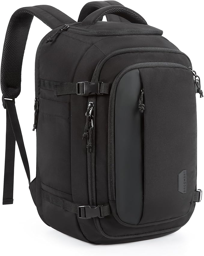 BAGSMART Travel Backpack Carry on Flight Approved, 28L Lightweight Backpack Fits 17.3 Inch Laptop for Men Women, Water Resistant Personal Item Travel Bag with USB Charging Port, Black