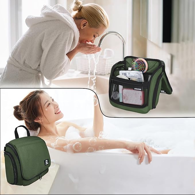 Goloni Hanging Toiletry Bag, 10 Compartments Water-Resistant Makeup Bag with 360° Spinning Metal Hook, Large Travel Cosmetic Organizer for Men & Women, Green (7.05oz)