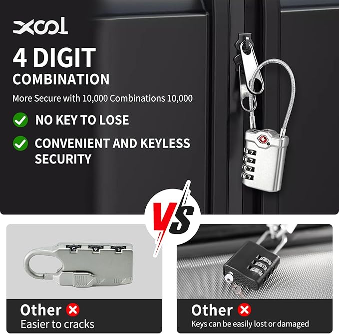 TSA Approved Locks for Luggage, 2 Pack Combination Travel Steel Cable Lock, Re-settable 4 Digit Padlocks with Inspection Indicator, Alloy Body Keyless Padlock for Lockers, Backpacks, Bags - Silver