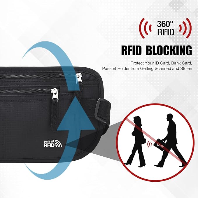 Unisex Money Belt, Slim Passport Holder RFID Blocking Travel Essentials Pouch with Adjustable Strap Small Waist Pouch for Workout Running Travelling Hiking, Black