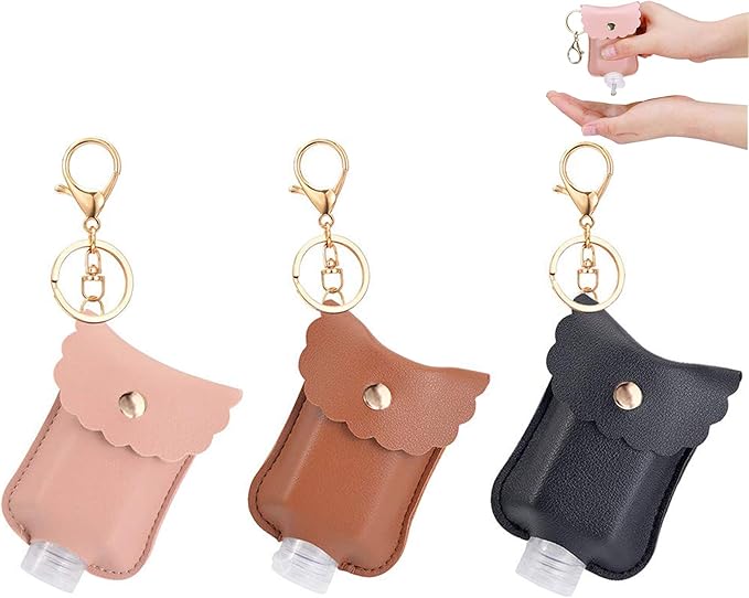 LDIWEE Hand Sanitizer Holder, 3 Pack Mini Hand Sanitizer Bulk Holder, Portable Squeeze Bottles 2oz with Leather Case Keychain