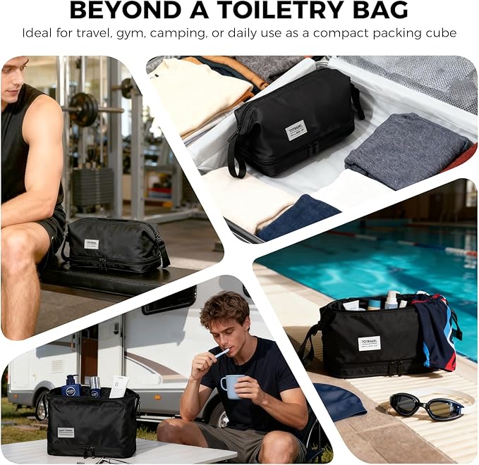 SINLAND Travel Toiletry Bag Water-resistant with Hanging Hook for Mens Large Packing with Waterproof Wet/Dry Compartment Travel Shower Bags Travel Toiletry Organizer Dopp Kit Shaving Bag