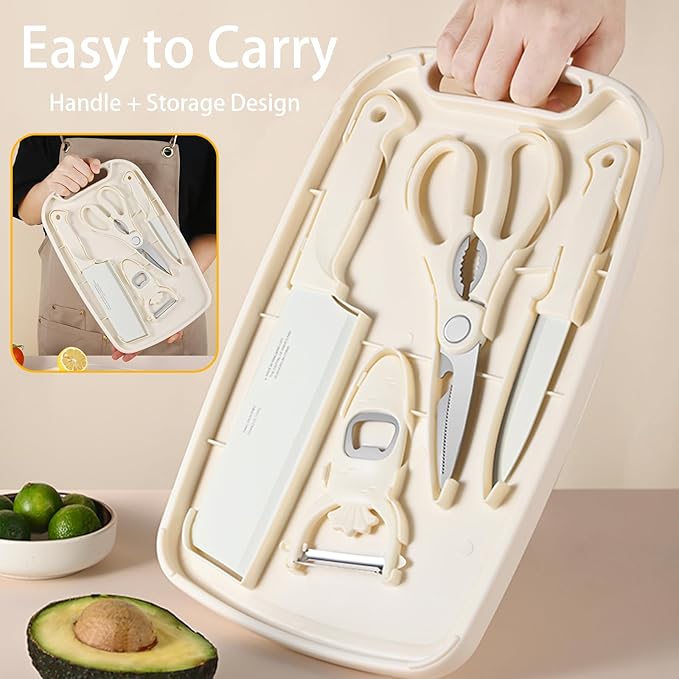 Cutting Board and Knife Set, 5 In1 Travel Cutting Boards And Knife Travel Cutting Board Kitchen Scissors and Peeler For Kitchen (Beige)
