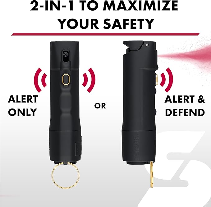Sabre 2-in-1 Pepper Spray with 130dB Personal Alarm, Alert and Defend with One Press, Fast Flip Top Safety with Finger Grip and Tuck-Away Keyring, Maximum Strength, UV Marking Dye