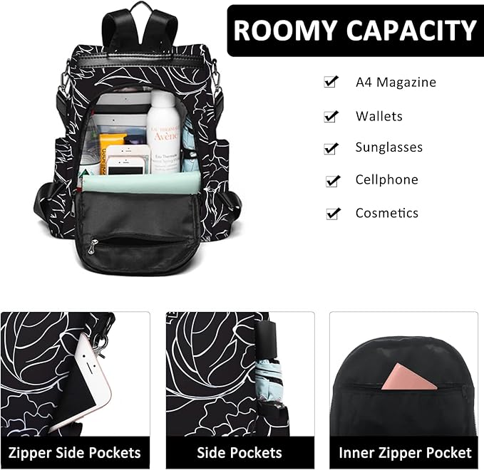 Fmeida Women's Anti-Theft Backpack Purse | Lightweight Travel Daypack for College, Work & Outdoor | Nylon Back pack with Minimalist Floral Design