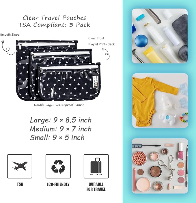 HIONXMGA TSA Approved Toiletry Bag, Set of 3 Clear Travel Toiletry Bag Quart Size Zipper Travel Pouch, Waterproof Makeup Cosmetic Bag for Women Men Kids Toiletries Carry on, Plus