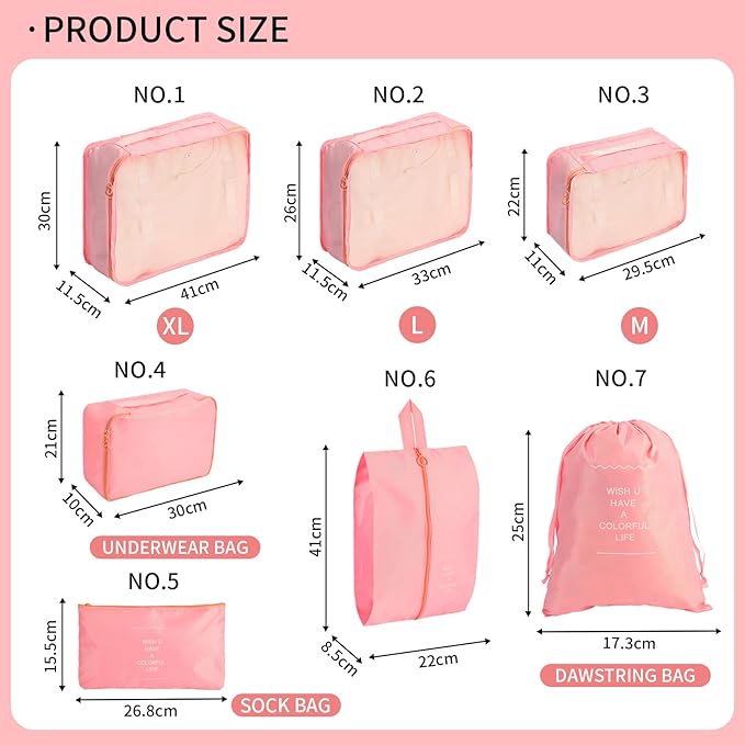 7PCS Packing Cubes for Suitcases, Travel Luggage Organizer Bags, Suitcase Organizer Bags Set for Carry on Luggage Travel Essentials, Pink