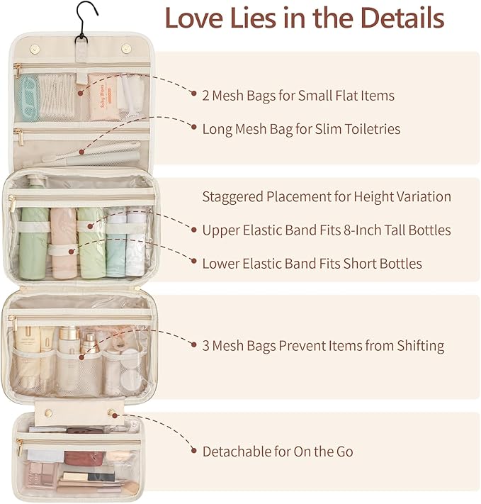 PACKISM Hanging Travel Toiletry Bag for Women - Fabric Travel Makeup Organizer with Detachable Makeup Bag and 4 Smart Large Compartments, for Full-Sized Toiletries, Off White (M)