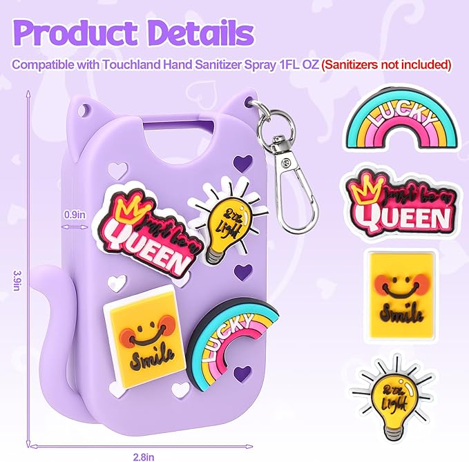 Mity rain Hand Sanitizer Spray Case Compatible With Touchland, Cute Silicone Hand Sanitizer Holder Keychain with 4 Charms, Portable Refillable Sanitizer Accessory, Gift For Women And Teens(Purple)