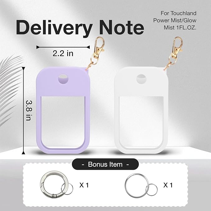 2 PCS Soft Silicone Case for Touchland Power Mist (1FL. OZ./30 mL), Protective and Stylish Case with Keychain Compatible with Touchland Hand Sanitizer Spray (Purple/White)