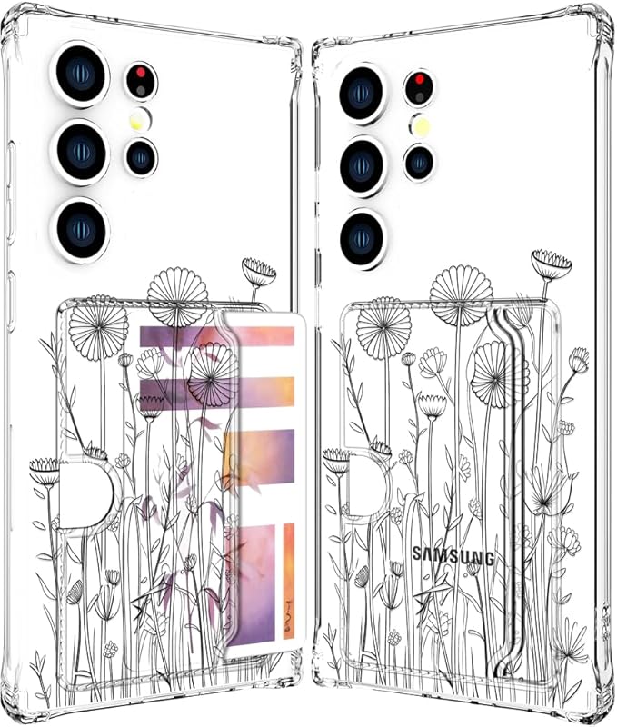 Compatible with Samsung Galaxy S24 Ultra Case Card Holder for Women Cute Design,Wallet Phone Cases Transparent Cool Kawaii Protective (Clear Black Flower Bouquet)