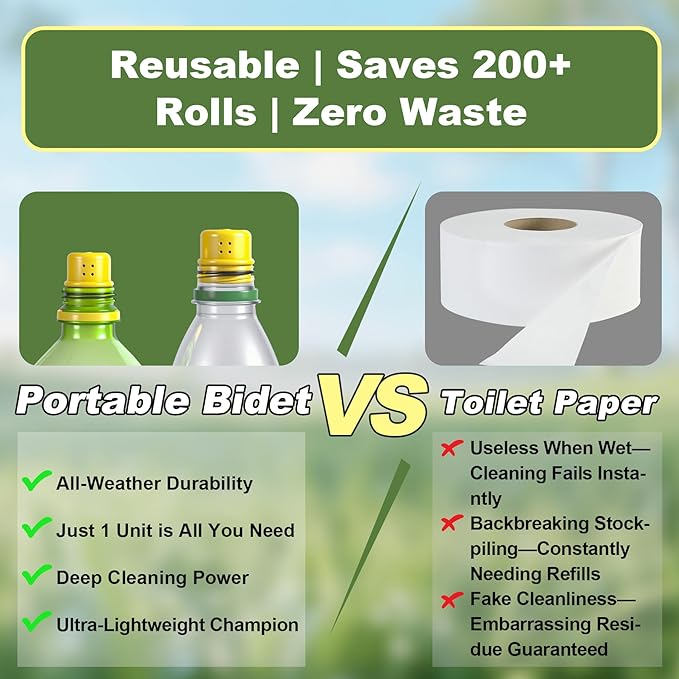 Ultralight Portable Bidet – Compact Shattaf for Travel, Camping, Hiking. 360° Spray Nozzles, Universal Bottle Adapter (Fits Any Plastic Bottle). Ideal for Postpartum, Menstrual & Pet Care.