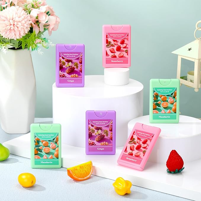 Set of 3 Power Mist Hydrating Hand Sanitizer Spray Bulk Travel Size Refreshing Hand Sanitizer 0.67 Fl. oz Compact Card Spray Bottle Grape Mandarin Strawberry Scent for Mother's Day Women Gifts