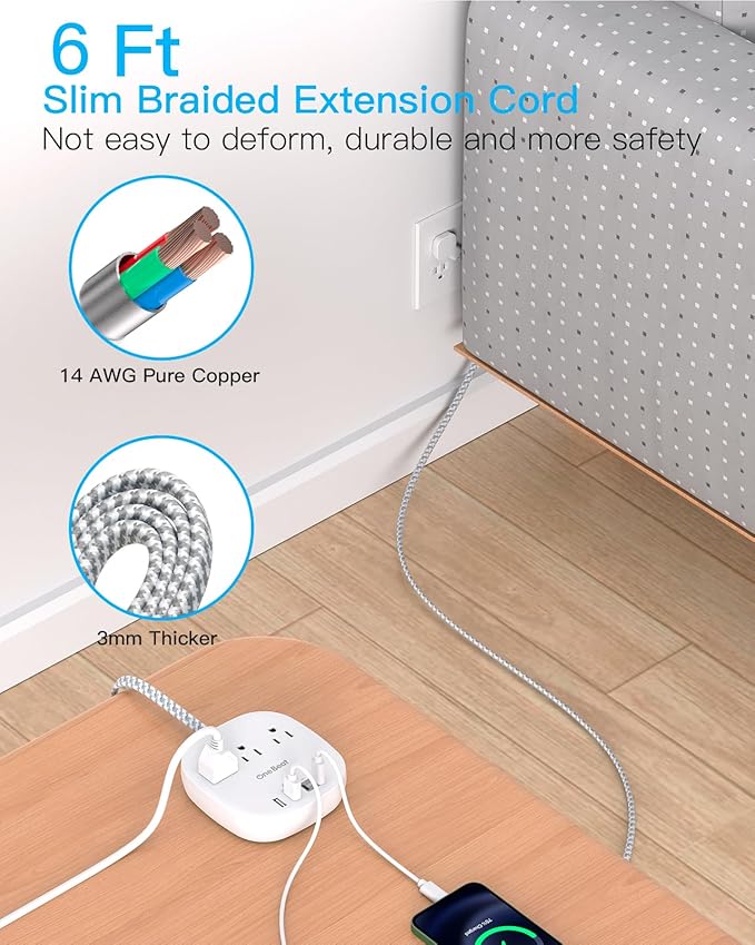 22.5W/4.5A Travel Power Strip with Surge Protector, 3 Outlets with 4 USB Ports (2 USB C), Flat Plug Extension Cord 6 Feet, Desktop USB Charging Station for Home, Office, College Dorm Essentials