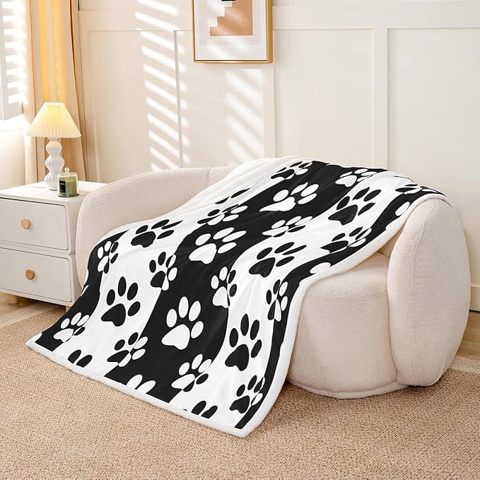 Dog Paws Print Kids Throw Blanket,Cute Animals Pets Dog Paws Bed Blanket for Girls Boys Adults,Geometric Waves Patchwork Fleece Blanket,Black White Fuzzy Blanket,40 x 50 Inches