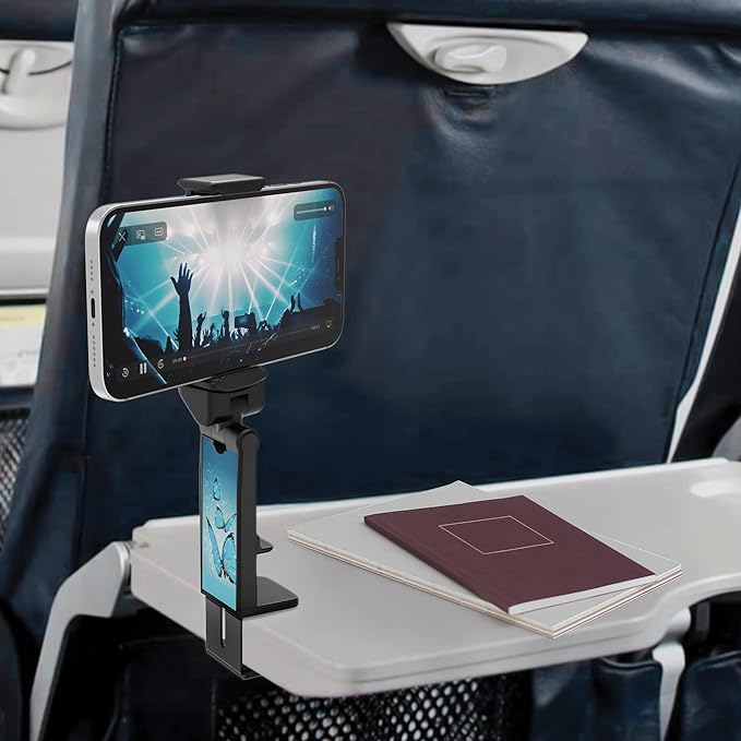 Beyond Cell Travel Accessories, Universal Seat Back Tray Table Hands Free Phone Clip Holder, Adjustable Pocket Size Airplane Travel Essentials Compatible with iPhone and Android Butterfly Reflection