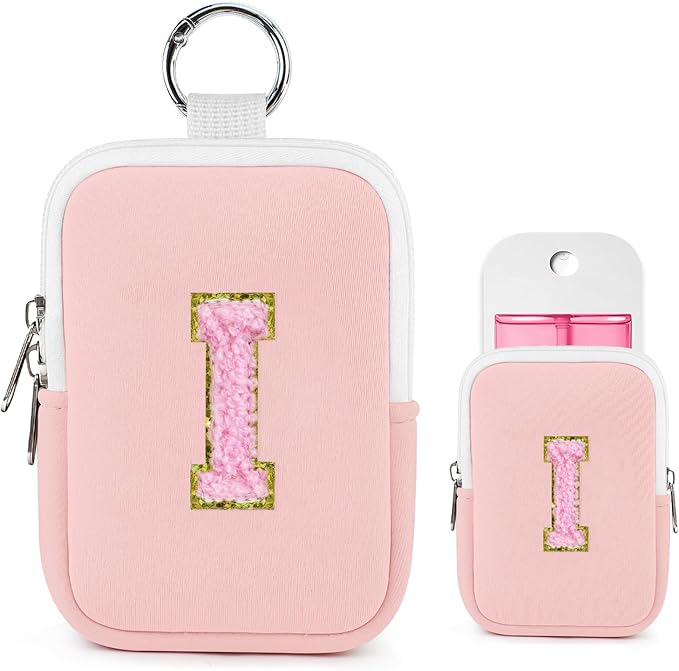 Shenier Alphabet Zippered Case with Keychain, Cute Design, Compatible with Touchland Power Mist Gentle/Glow Mist Hand Sanitizer Spray, Pink-I