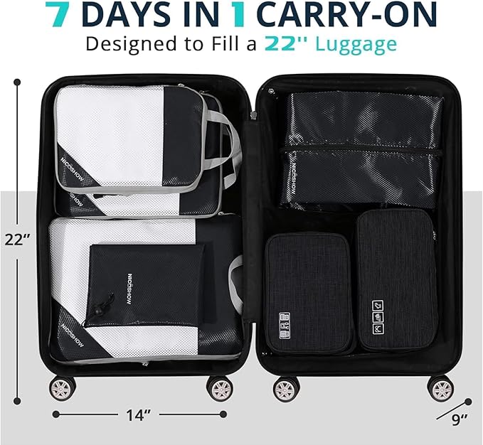 NICOSHOW 7 Set Compression Packing Cubes for Travel - Compressible, Lightweight, and Space-Saving Packing Cubes, Travel Essentials for Women, Black