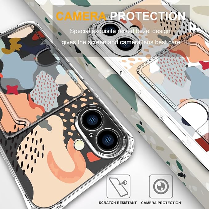 Compatible with iPhone 16 Case Card Holder for Women Cute Design,Wallet Phone Cases Transparent Cool Kawaii Protective (Clear Abstract Art)