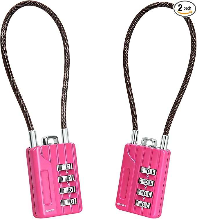 SEPOX® Twins Resettable 4-Digit Combination Padlock, 18cm Compact Vinyl Steel Cable – Multipurpose Lock for Gym Locker, Suitcase, Mini Toolbox – Pink Gym Essentials for Women