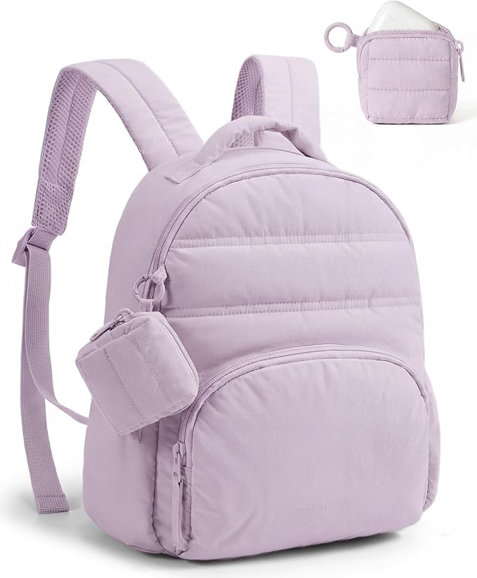 BAGSMART Small Backpacks for Women, Lightweight Puffer Mini Backpack Purse with Pouch, Quilted Casual Daypack, Water-Resistant Bookbag for Daily Travel College, 2-in-1 Set, Lavender Purple