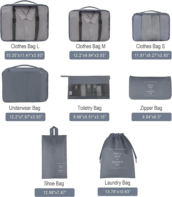 Vercord 8 Set Travel Packing Pods Luggage Organizers Cubes with Laundry Bags Accessories