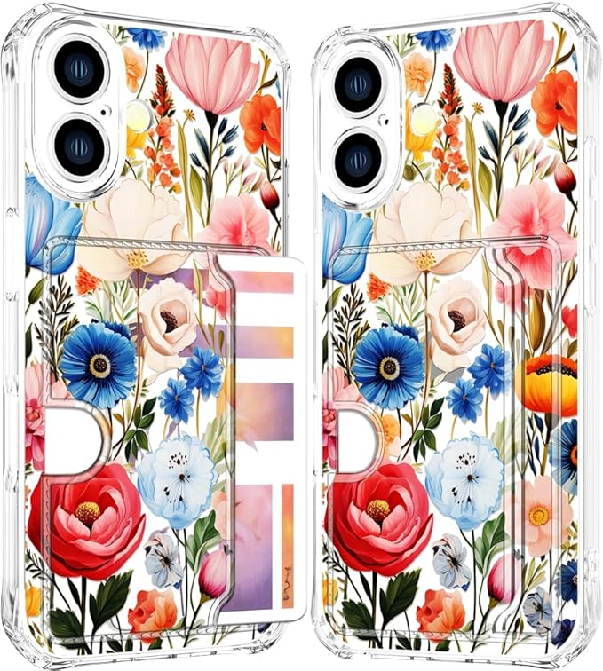 Compatible with iPhone 16 Plus Case Card Holder for Women Cute Design,Wallet Phone Cases Transparent Cool Kawaii Protective (Clear Flower Art Rose Peony)