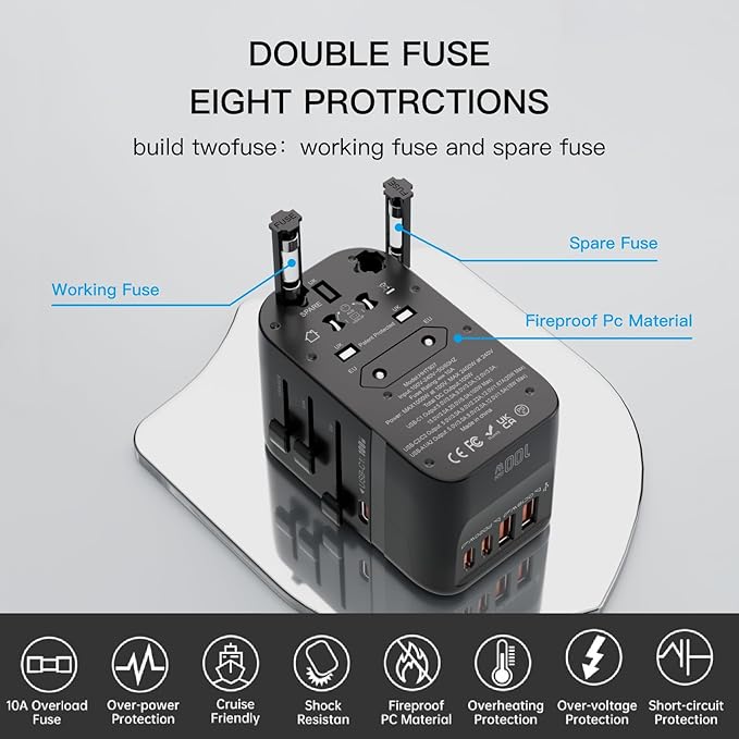 HAPOW Universal Travel Adapter, PD100W International Power Adapter,3 USB-C & 2 USB-A Fast Charging Travel Charger, All in One Worldwide Travel Plug Adapter, Outlet Adapter for EU UK USA AU, Black