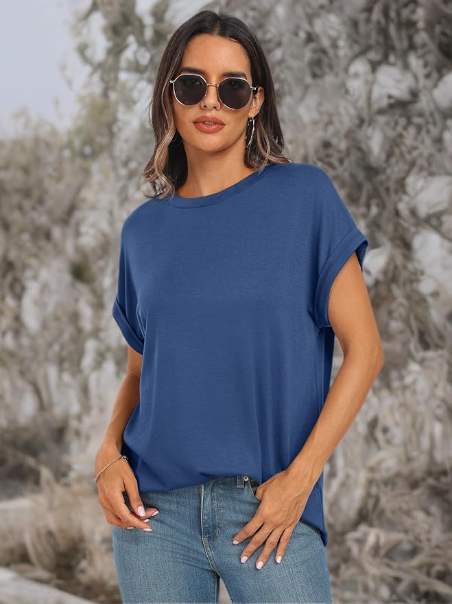 AUTOMET Women's Oversized Short Sleeve T Shirts Casual Drop Shoulder Rolled Cuff Summer Tops for Work, Travel and Lounge
