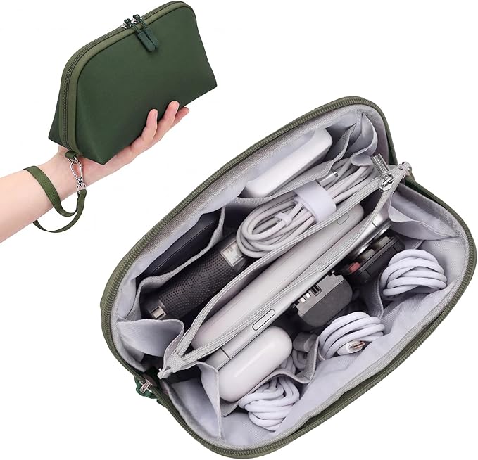 FYY Travel Cable Organizer - 8 Compartments Lightweight Water Resistant Tech Pouch with Wrist Strap, Electronic Accessories Case for Cord Charger Storage for Travel Home Office, Green (Medium)