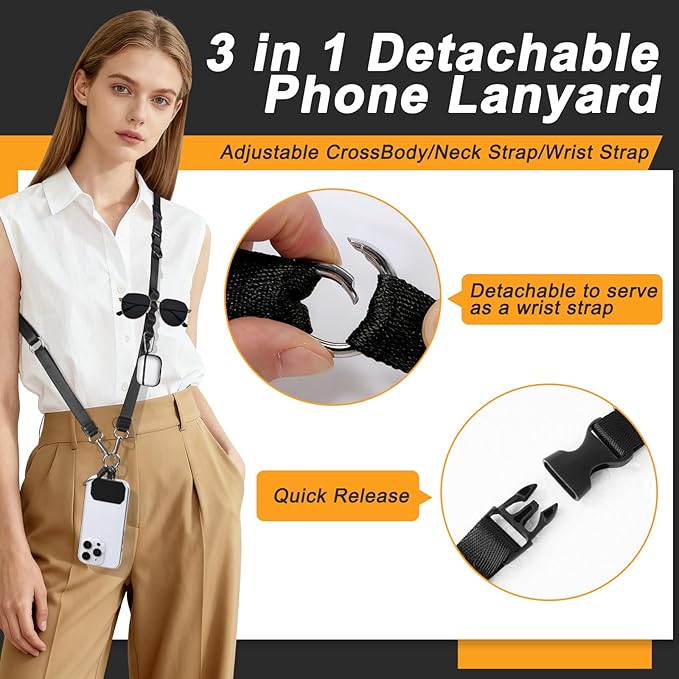 Cell Phone Lanyard with Detachable Phone Wrist Strap 3 in 1 Anti Theft Adjustable Crossbody Phone Strap Around the Neck, for Keys, ID Badges, Compatible with iPhone, Vacation Essentials, Black
