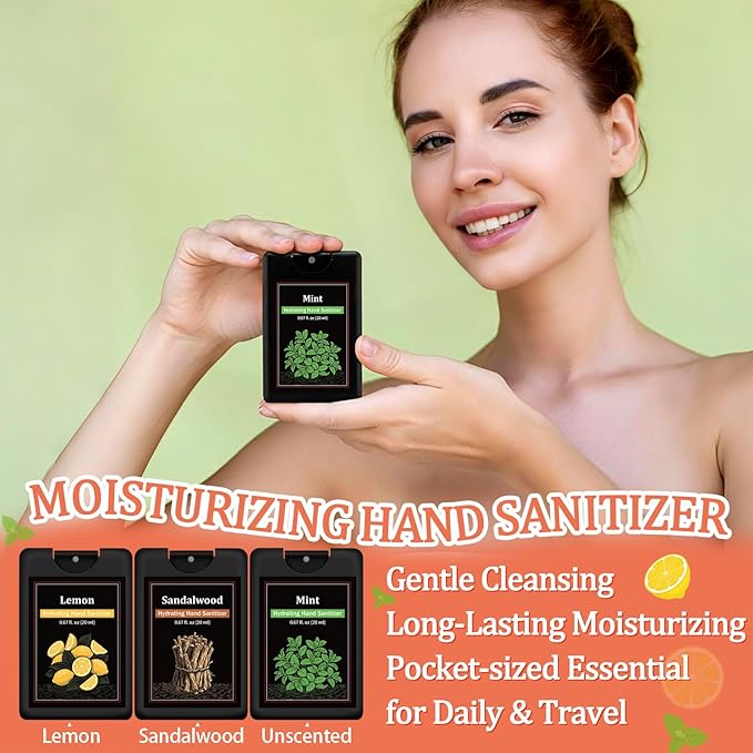 Set of 3 Power Mist Hydrating Hand Sanitizer Spray Bulk Travel Size Portable Hand Sanitizer 0.67 Fl. oz Compact Card Spray Bottle Mint Sandalwood Lemon Scent for Men Backpack Purse Pocket Car
