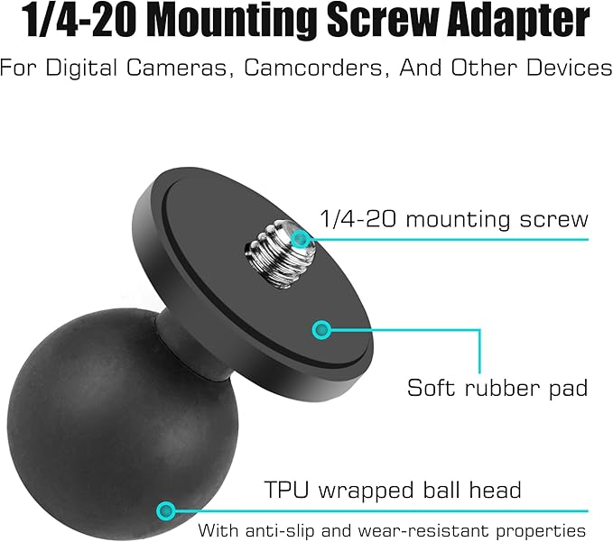 GEPULY 2pcs 1''/25mm Ball Head Mount 1/4"-20 Threaded Stud+Tripod Adapter for Gopro Hero Series/AKASO/Insta360/DJI OSMO Action Camera, Fit RAM Ball Head Mount B Size Double Socket Arm