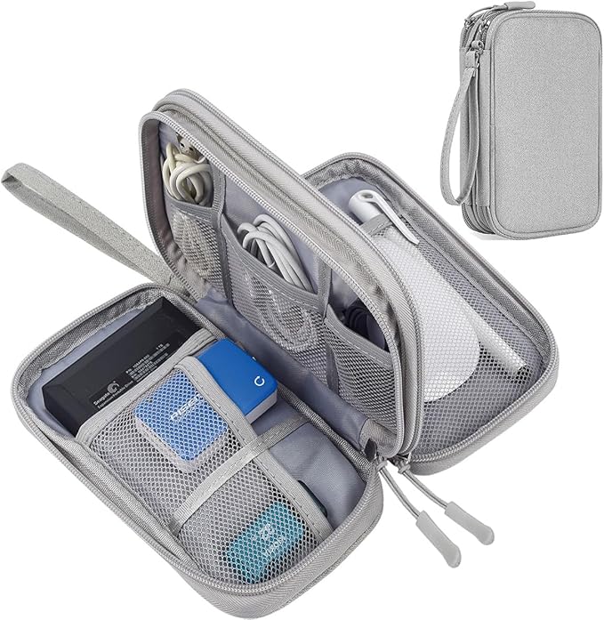 CAAORDKSO Travel Organizer Pouch Electronic Accessories Carry Case Portable Waterproof Double Layers Storage Bag for Cable, Cord, Charger, Phone, Power Bank, Earphone, Hard Drive (Light Grey, Large)