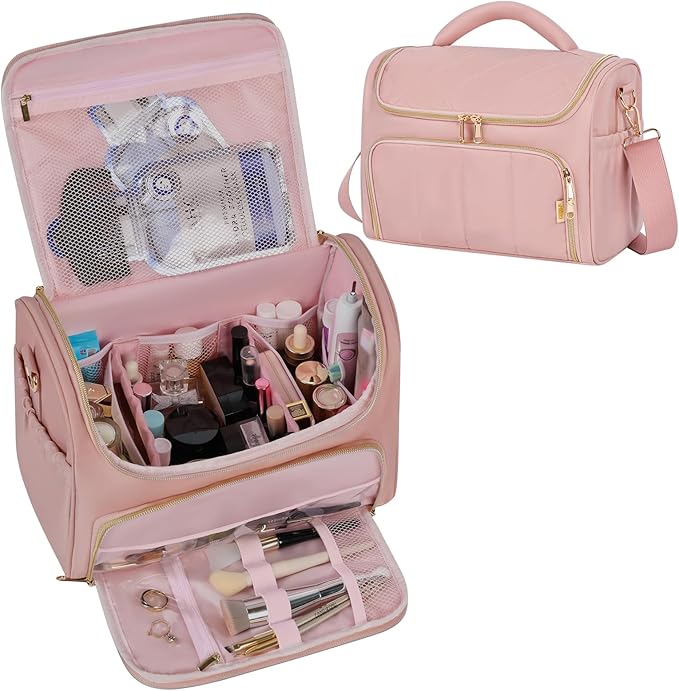 GR69N Travel Toiletry Bag Large Cosmetic Makeup Bag Organizer for Women,Wide-open Make Up Bag Waterproof Makeup Case Travel Bag with Handle and Dividers for Toiletries,Essentials,Accessories,Dark Pink