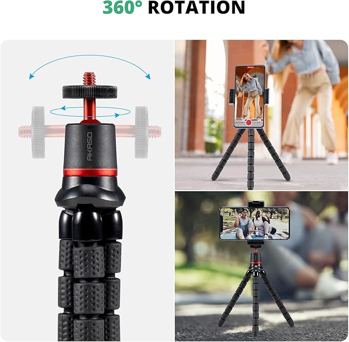 AKASO Action Camera Accessories Kit Compatible with AKASO Action Camera EK7000/Brave 4/Brave 7 LE/Brave 7/Brave 8/V50X/GoPro Hero12/11/10/ 9/8 Max/DJI Osmo Action (Flexible Selfie Stick Tripod)