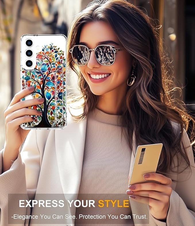 Compatible with Samsung Galaxy S24 / S25 Case Card Holder for Women Cute Design,Wallet Phone Cases Transparent Cool Kawaii Protective (Clear Tree Colorful Leaves)