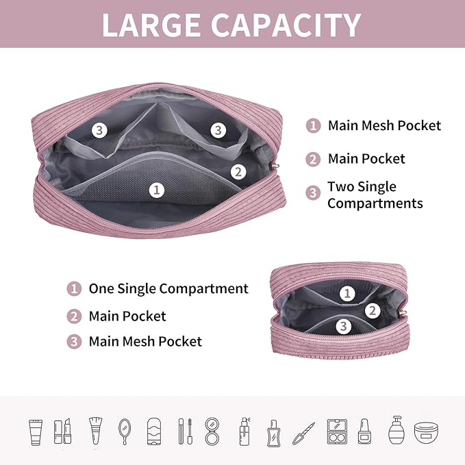 MAGEFY Small Makeup Bag for Purse Mini Cosmetics Bag Corduroy Cute Cosmetic Pouch for Women with Slip-in Pockets