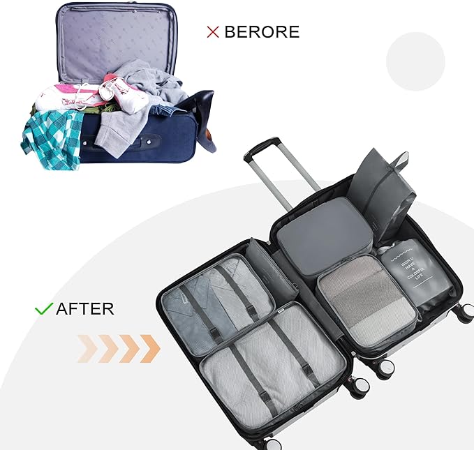 Vercord 8 Set Travel Packing Pods Luggage Organizers Cubes with Laundry Bags Accessories