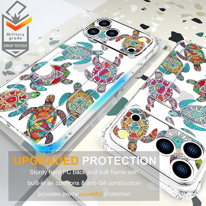 Compatible with iPhone 17 Pro Case Card Holder for Women Cute Design,Wallet Phone Cases Transparent Cool Kawaii Protective (Clear Sea Turtles Animal Tribal)