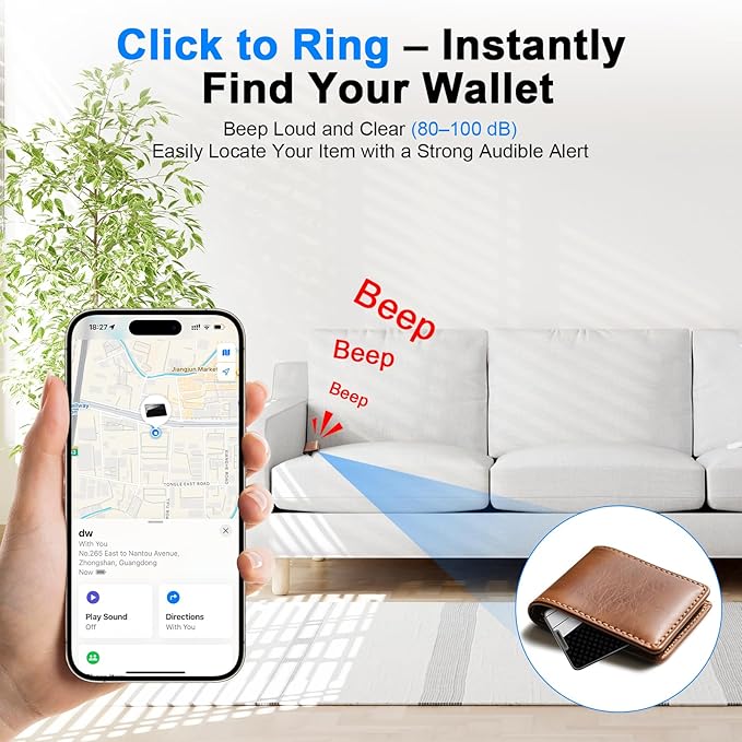 Trendia Compatible with AirTag Wallet Tracker, Smart Card Finder, Apple MFi Compatible (iOS Only), App Controlled Anti Loss GPS Tracker, IP68 Waterproof, Item Locator for Luggage Tags, Purses, Grey