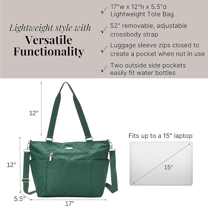 Baggallini Essential Laptop Tote - Work Tote Bag with Laptop Sleeve - Lightweight Travel Crossbody Shoulder Bag for Women