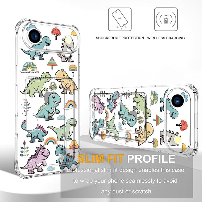 Compatible with iPhone 17 Air Case Card Holder for Women Cute Design,Wallet Phone Cases Transparent Cool Kawaii Protective (Clear Lovely Dinosaurs)
