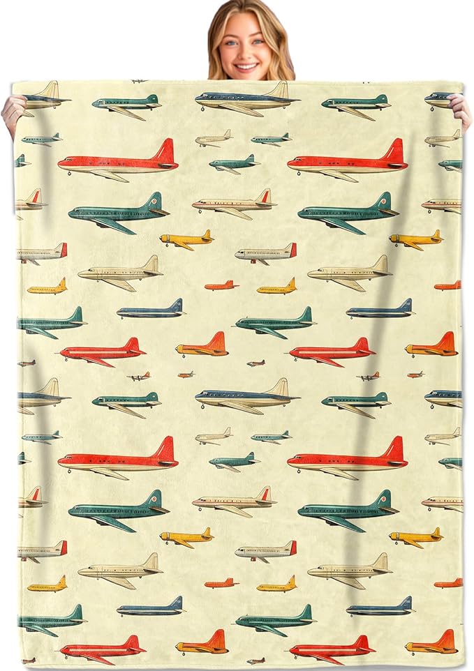 Vintage Airplane Throw Blanket,60x80in,Soft,Lightweight Flannel,Colorful Retro Planes Blankets - Gifts for Kids Boys Girls,Aviation Lovers,for Couch Office Travel,Home Living Room Decor