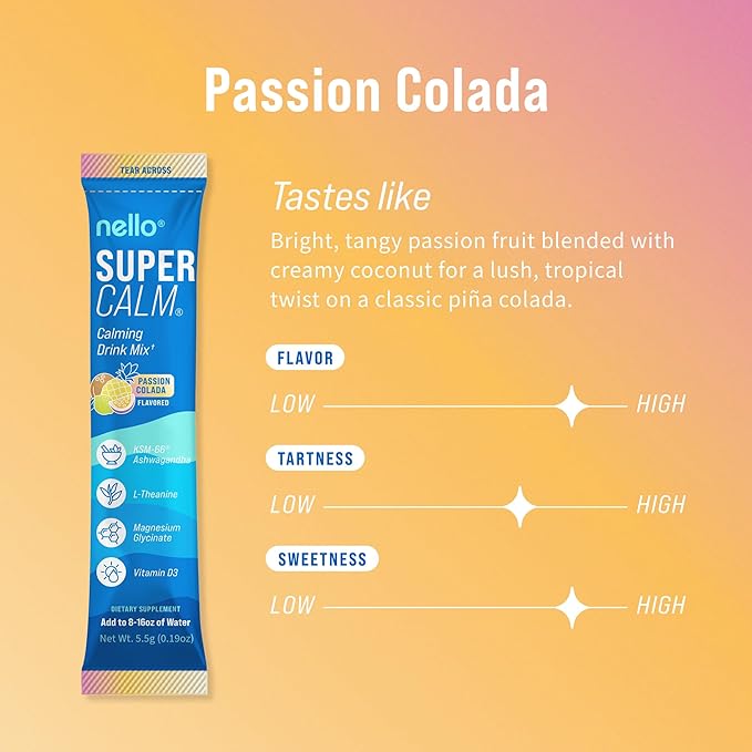 Nello Supercalm Powdered Drink Mix, Cortisol Reducer* and Sleep Aid Supplement, L Theanine, Ksm-66 Ashwagandha, Magnesium Glycinate, Vitamin D 3, No Sugar, Non GMO, On The Go, 20 Ct, Passion Colada