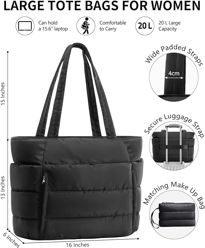 Bagstellar Puffer Tote Bag for Women, Lightweight Puffy Work Handbag Teacher Nurse Quilted Shoulder Bag for School Travel Gym | Cloud Bag w/ Zipper, Daily College Bags, 15.6" Computer Bag, Clinical Nursing Bag, 40 OZ Tumbler Holder, Ideal Gift for Women